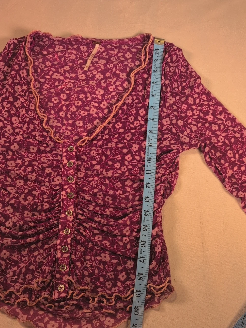 Free People Purple/Magenta Sheer Floral Button Front Ruched Tope Size XS